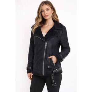 Max Edition Women's Faux Shearling Moto Oversized Biker coat in black. Size L